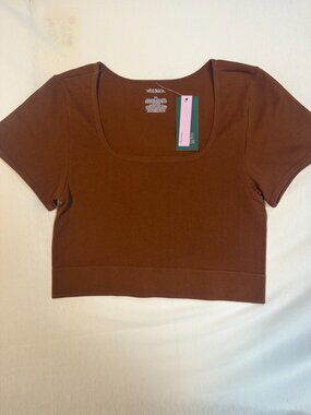 Wild Fable Crop Top XXL Brown NWT Ribbed Seamless Square Neck Short Sleeve Shirt